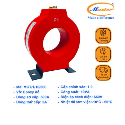 Biến Dòng Đo Lường MCT 600/5A CL1.0 10VA Master - Đúc Epoxy Tròn Đỏ