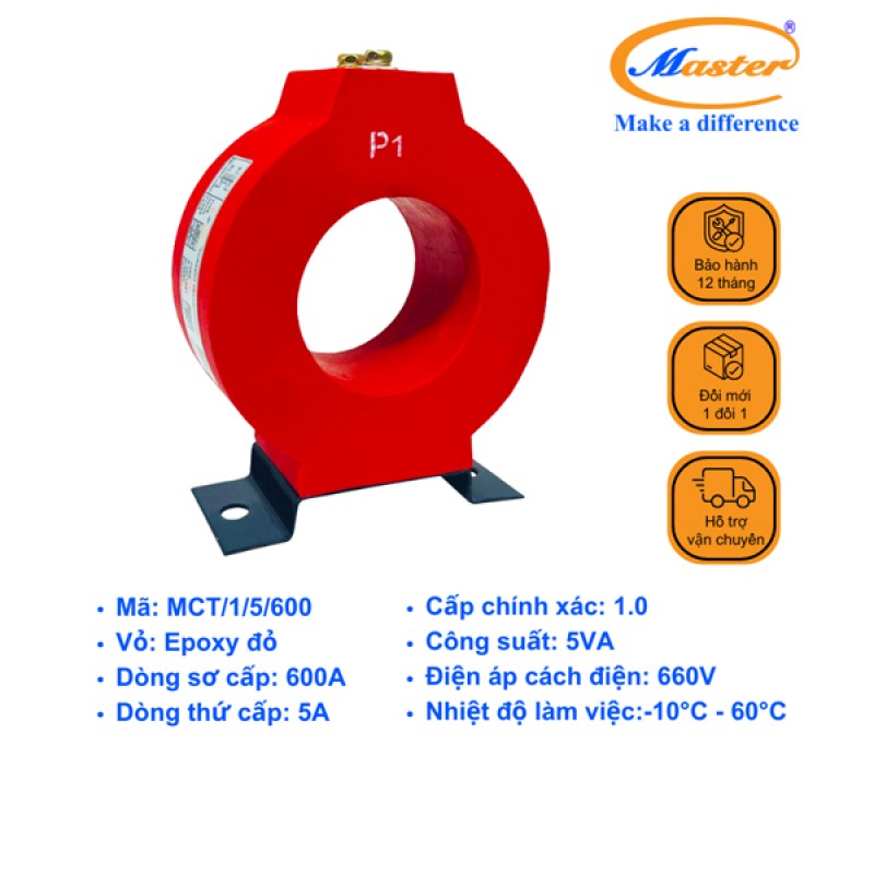 Biến Dòng Đo Lường MCT 600/5A CL1.0 5VA Master - Đúc Epoxy Tròn Đỏ