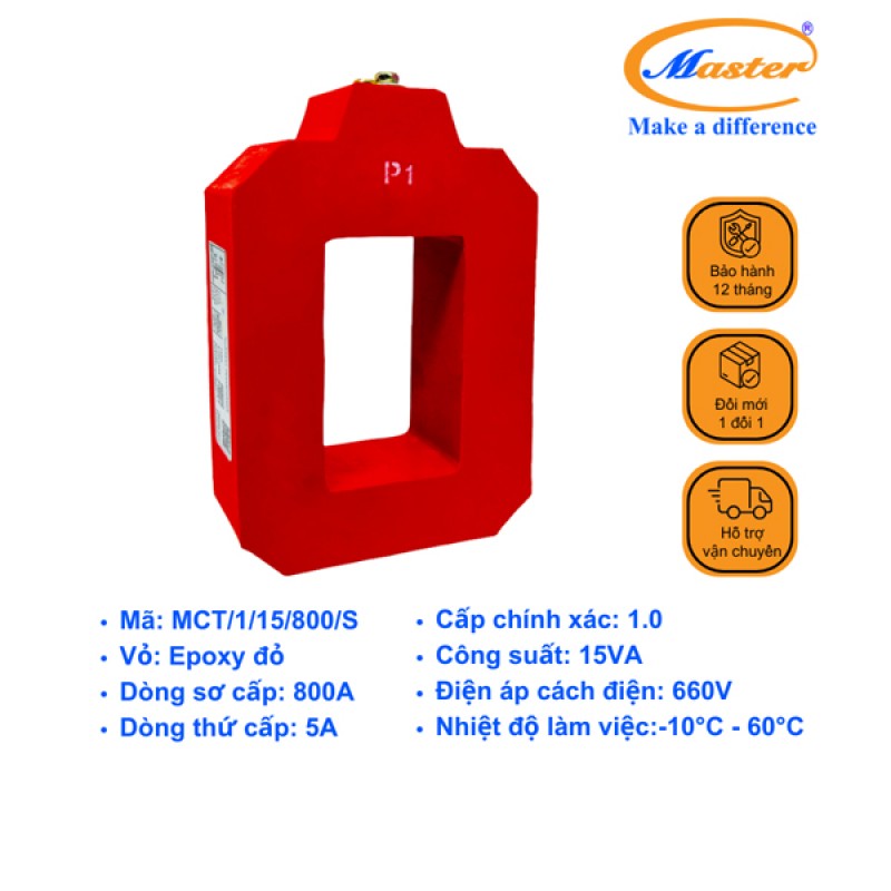 Biến Dòng Đo Lường MCT 800/5A CL1.0 15VA Master - Đúc Epoxy Vuông Đỏ