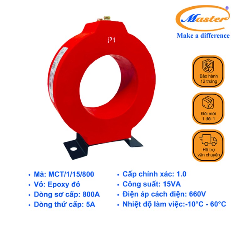 Biến Dòng Đo Lường MCT 800/5A CL1.0 15VA Master - Đúc Epoxy Tròn Đỏ