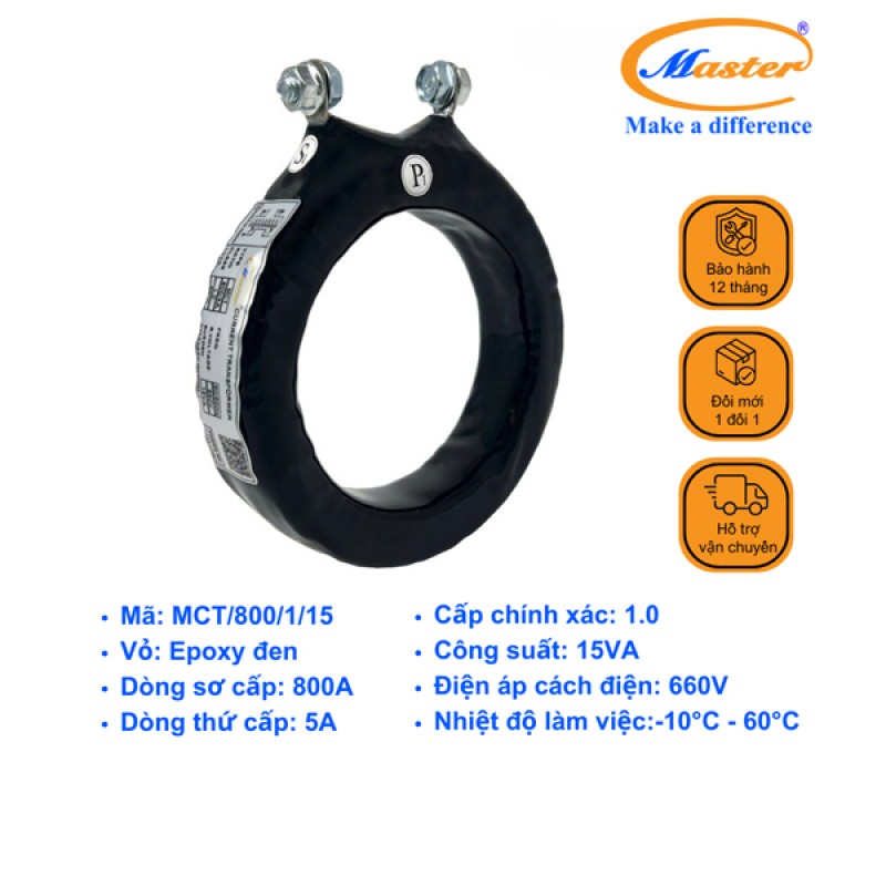 Biến Dòng Đo Lường MCT 800/5A CL1.0 15VA Master - Đúc Epoxy Tròn Đen