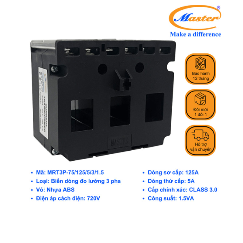 Biến Dòng Đo Lường Hộp Nhựa 3 Pha MRT3P-75 125/5A CL3.0 1.5VA Master