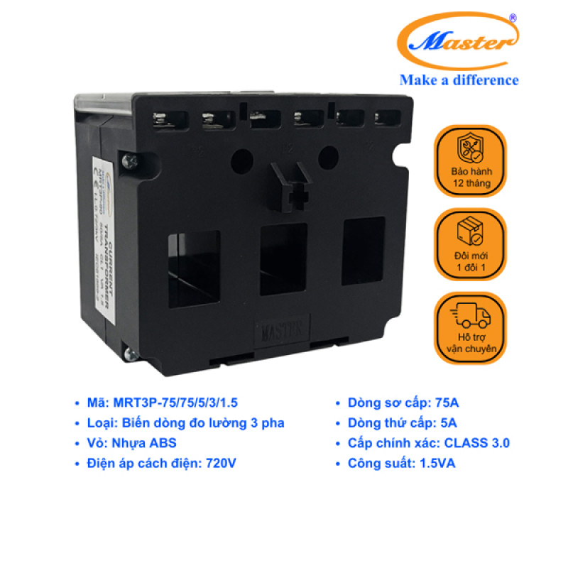 Biến Dòng Đo Lường Hộp Nhựa 3 Pha MRT3P-75 75/5A CL3.0 1.5VA Master