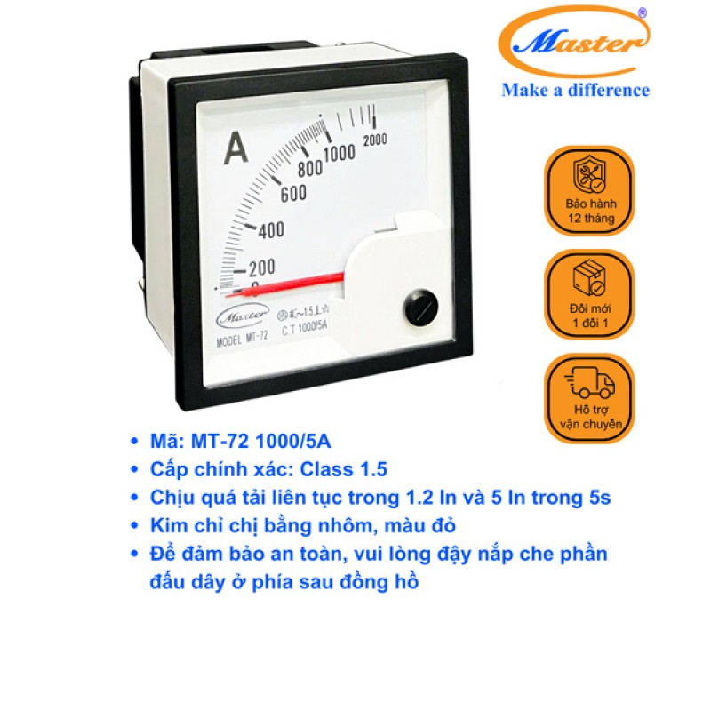 Đồng Hồ Đo Ampe MT-72 1000/5A CL1.5 Master