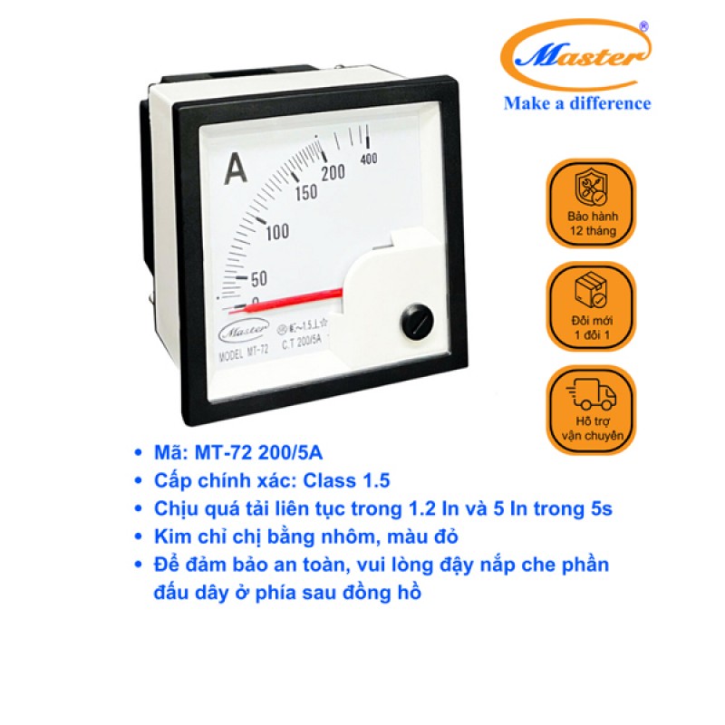 Đồng Hồ Đo Ampe MT-72 200/5A CL1.5 Master