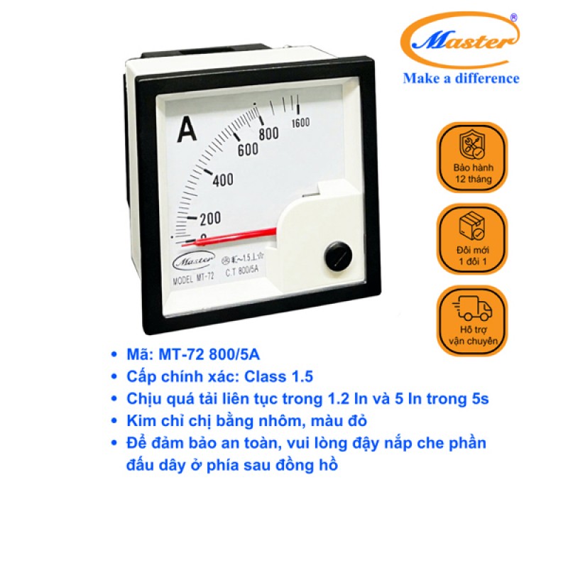 Đồng Hồ Đo Ampe MT-72 800/5A CL1.5 Master