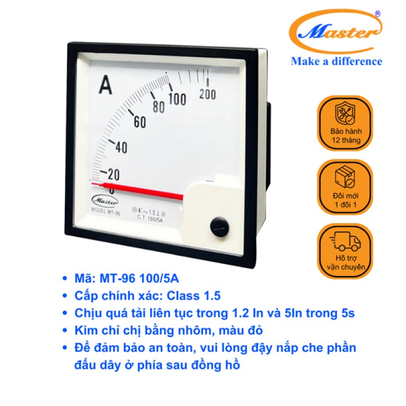 Đồng Hồ Đo Ampe MT-96 100/5A CL1.5 Master
