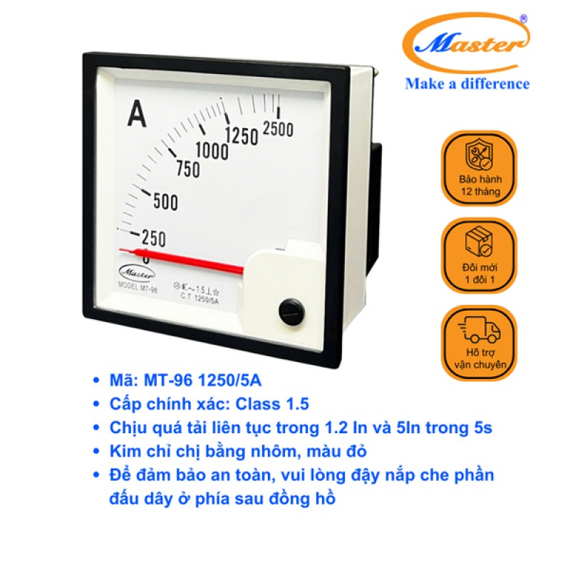 Đồng Hồ Đo Ampe MT-96 1250/5A CL1.5 Master
