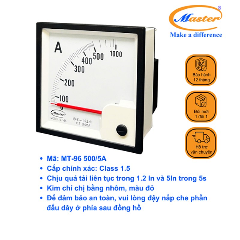 Đồng Hồ Đo Ampe MT-96 500/5A CL1.5 Master