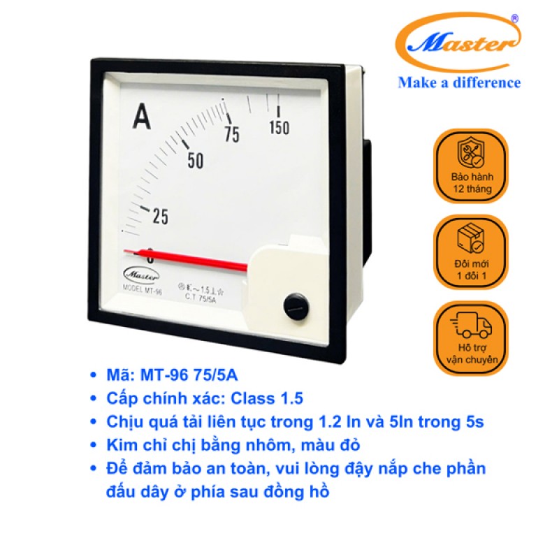 Đồng Hồ Đo Ampe MT-96 75/5A CL1.5 Master