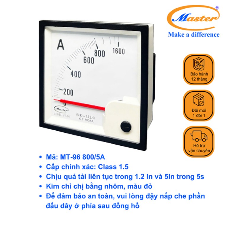 Đồng Hồ Đo Ampe MT-96 800/5A CL1.5 Master