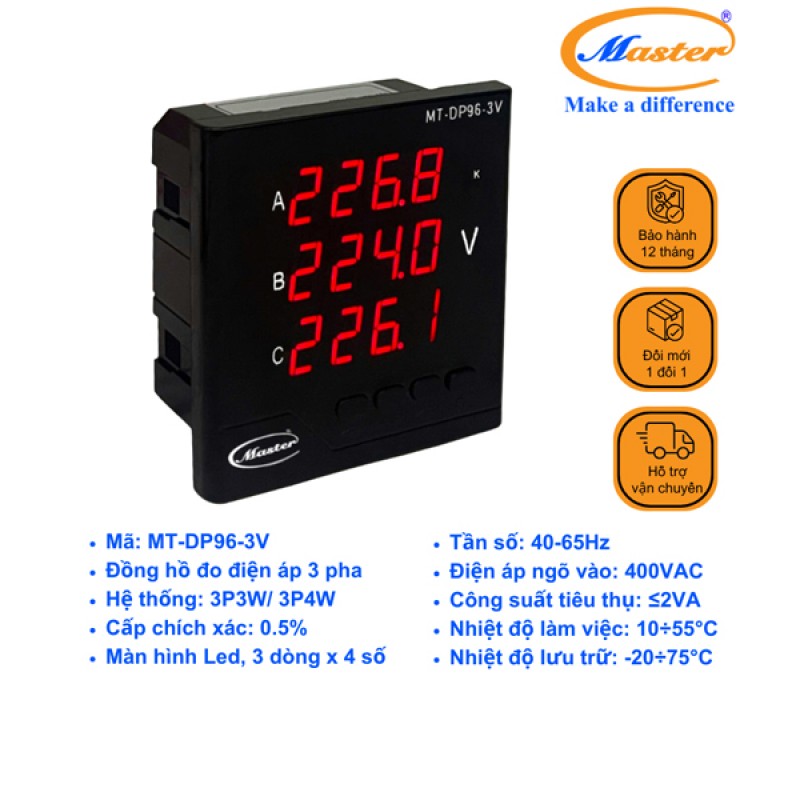 Đồng Hồ Đo Điện Áp 3 Pha MT-DP96-3V Master
