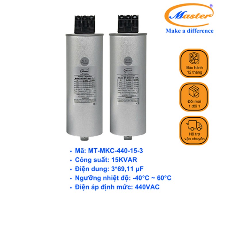Tụ Bù Chống Cháy Nổ Master Tròn Loại Khô 3P 15KVAR 440VAC