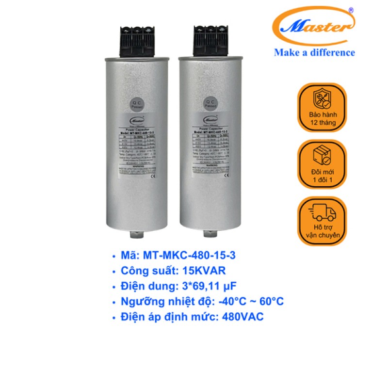 Tụ Bù Chống Cháy Nổ Master Tròn Loại Khô 3P 15KVAR 480VAC