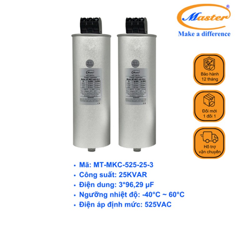 Tụ Bù Chống Cháy Nổ Master Tròn Loại Khô 3P 25KVAR 525VAC