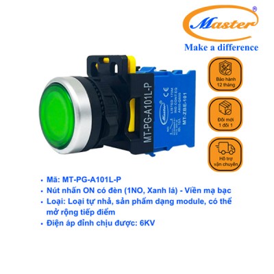 Nút Nhấn ON Có Đèn Xanh Lá MASTER - Loại Tự Nhả, Viền Mạ Bạc