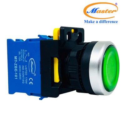 Nút Nhấn ON Có Đèn Xanh Lá MASTER - Loại Tự Nhả, Viền Mạ Bạc