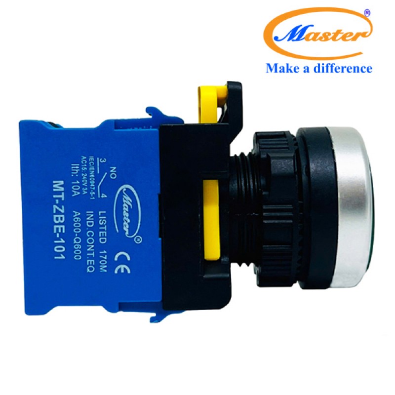 Nút Nhấn ON Có Đèn Xanh Lá MASTER - Loại Tự Giữ, Viền Mạ Bạc