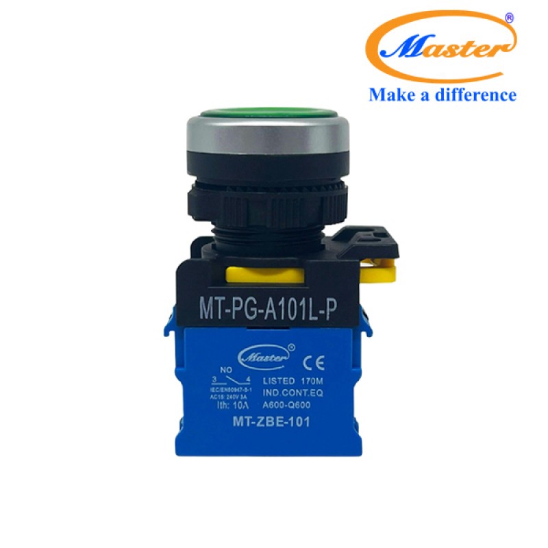 Nút Nhấn ON Có Đèn Xanh Lá MASTER - Loại Tự Nhả, Viền Mạ Bạc