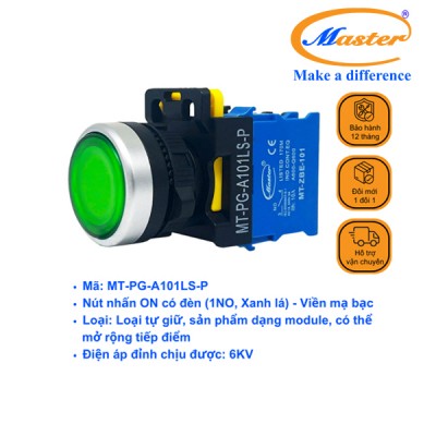 Nút Nhấn ON Có Đèn Xanh Lá MASTER - Loại Tự Giữ, Viền Mạ Bạc