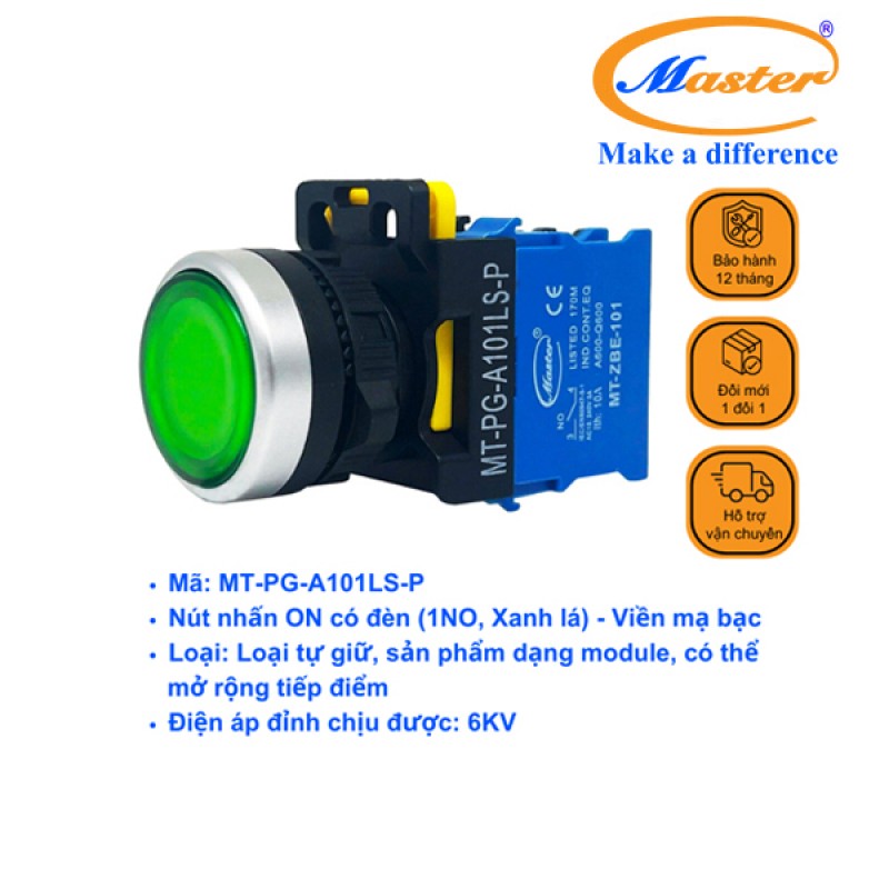 Nút Nhấn ON Có Đèn Xanh Lá MASTER - Loại Tự Giữ, Viền Mạ Bạc