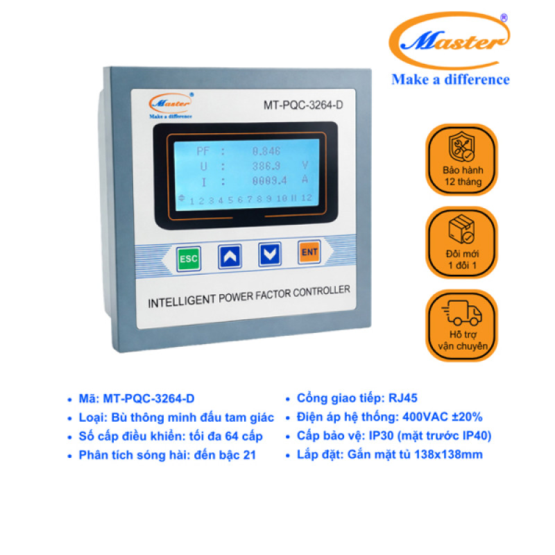 Bộ Điều Khiển Tụ Bù Thông Minh Master MT-PQC-3264-D – Dùng Cho Tụ Bù Đấu Tam Giác, 64 Cấp