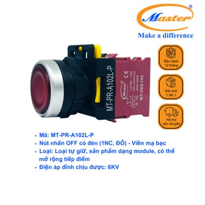 Nút Nhấn OFF Có Đèn Đỏ MASTER - Loại Tự Nhả, Viền Mạ Bạc
