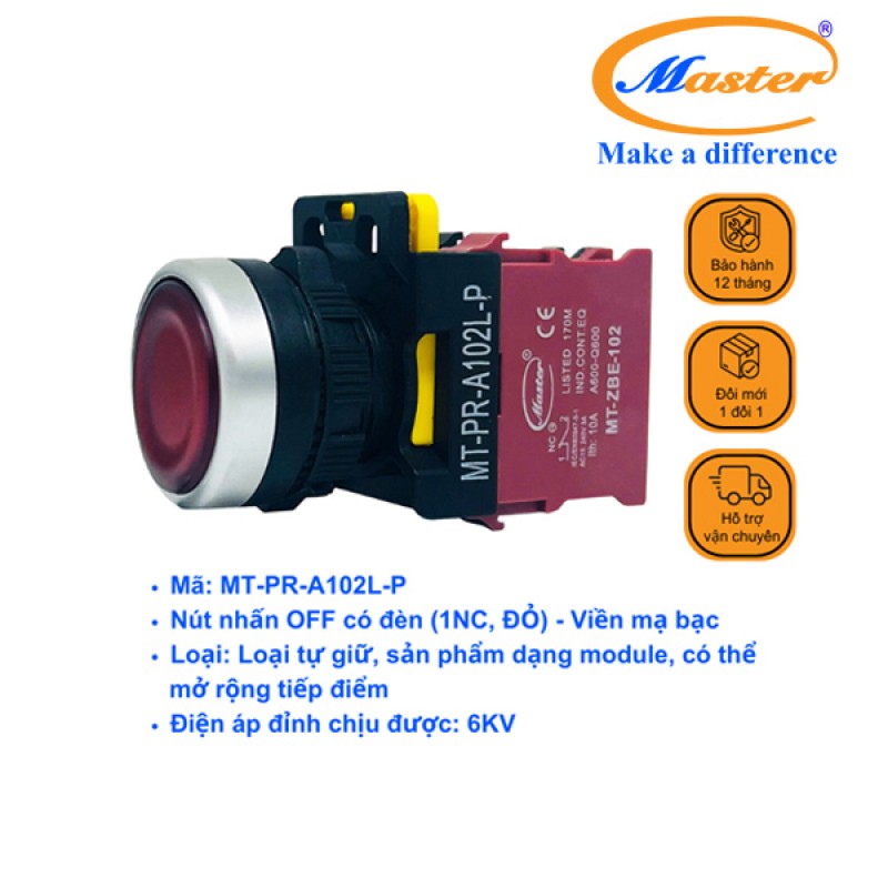 Nút Nhấn OFF Có Đèn Đỏ MASTER - Loại Tự Nhả, Viền Mạ Bạc