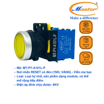 Nút Nhấn RESET Có Đèn Vàng MASTER - Loại Tự Nhả, Viền Mạ Bạc
