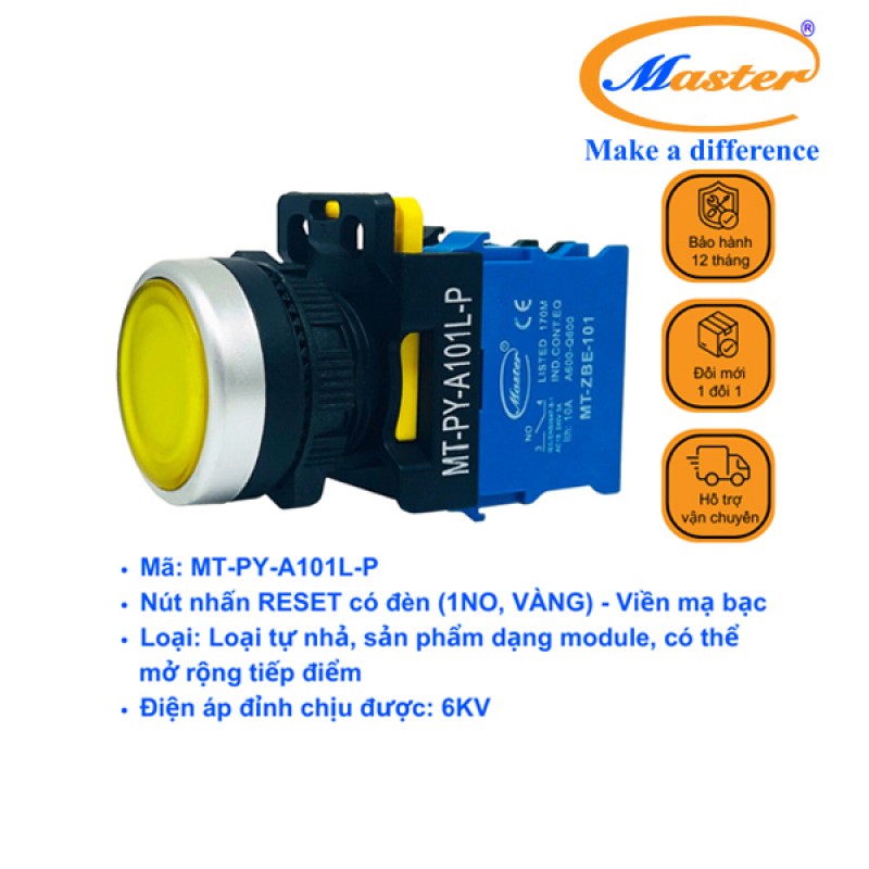 Nút Nhấn RESET Có Đèn Vàng MASTER - Loại Tự Nhả, Viền Mạ Bạc