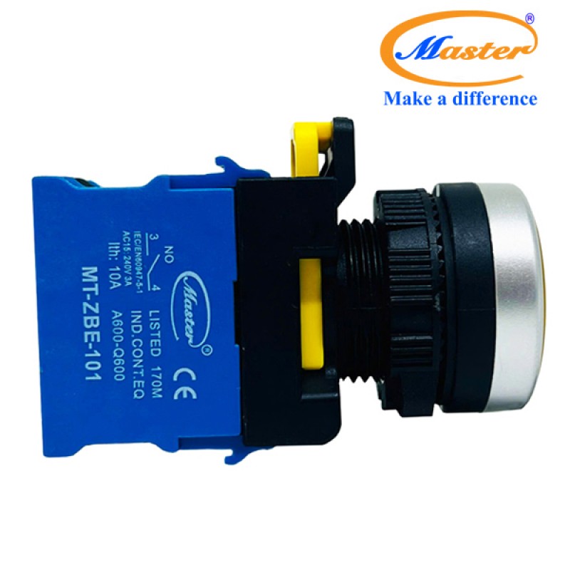 Nút Nhấn RESET Có Đèn Vàng MASTER - Loại Tự Giữ, Viền Mạ Bạc