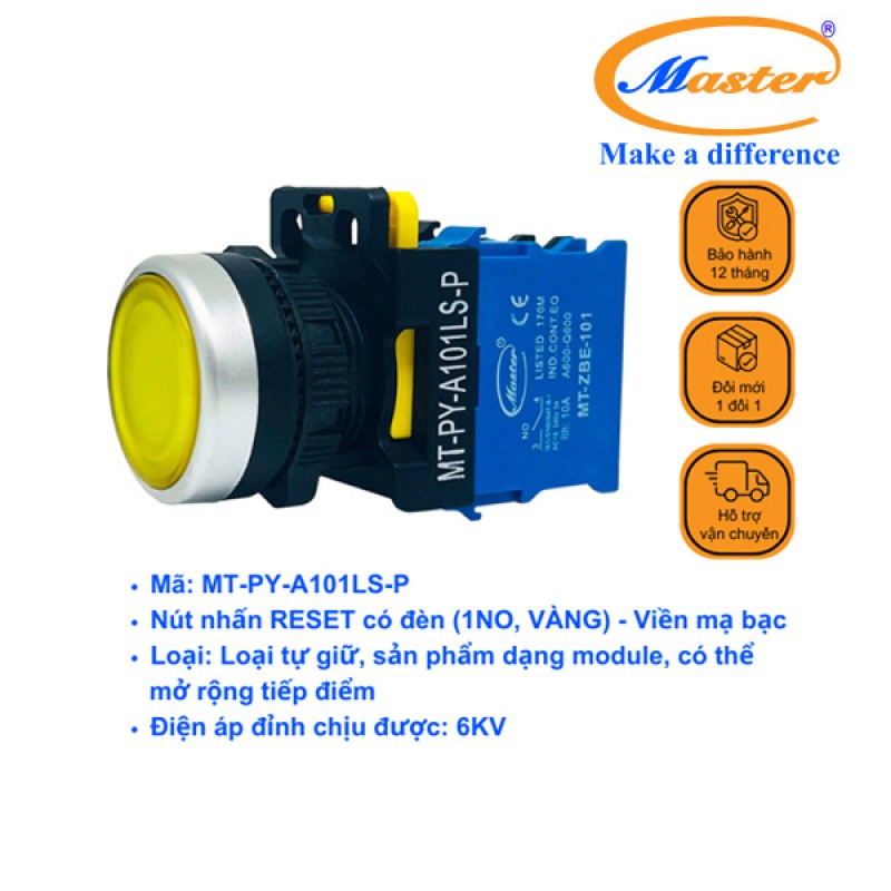 Nút Nhấn RESET Có Đèn Vàng MASTER - Loại Tự Giữ, Viền Mạ Bạc
