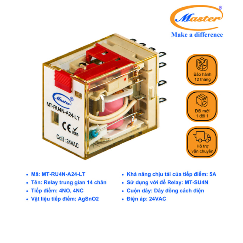 Relay Trung Gian 14 Chân 24VAC MT-RU4N-A24-LT Master