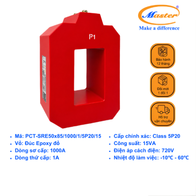 Biến Dòng Bảo Vệ PCT 1000/1A 5P20 15VA Master - Đúc Epoxy Vuông Đỏ