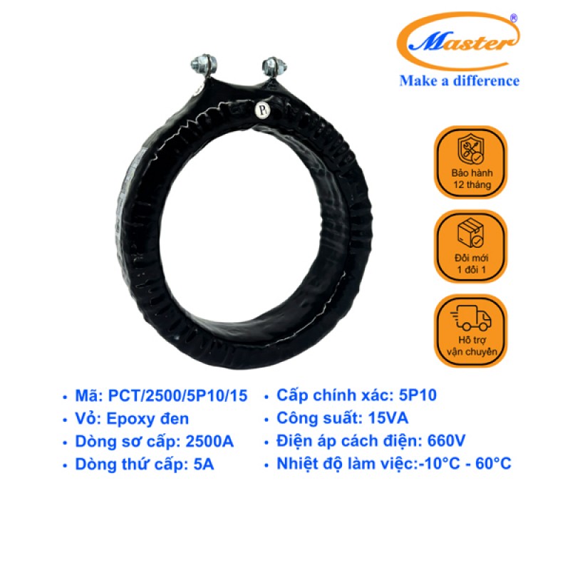 Biến Dòng Bảo Vệ PCT 2500/5A 5P10 15VA Master - Đúc Epoxy Tròn Đen