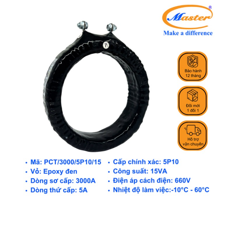 Biến Dòng Bảo Vệ PCT 3000/5A 5P10 15VA Master - Đúc Epoxy Tròn Đen