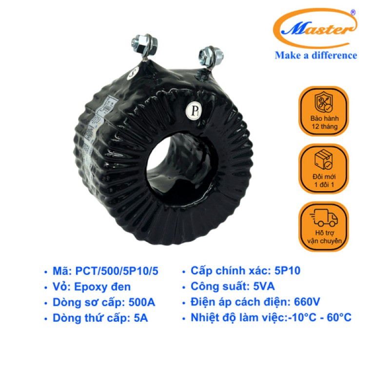 Biến Dòng Bảo Vệ PCT 500/5A 5P10 5VA Master - Đúc Epoxy Tròn Đen
