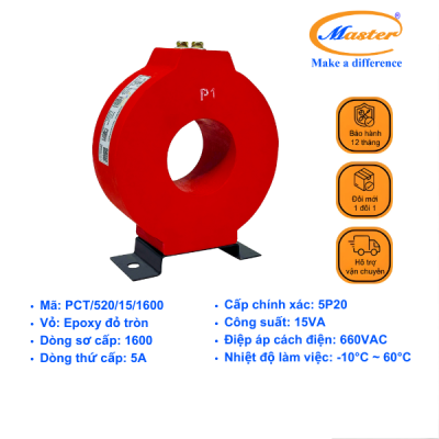 Biến Dòng Bảo Vệ PCT 1600/5A 5P20 15VA Master - Đúc Epoxy Tròn Đỏ