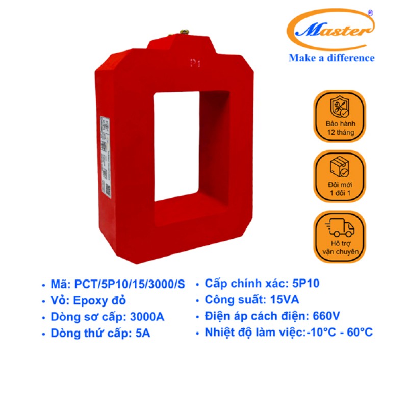 Biến Dòng Bảo Vệ PCT 3000/5A 5P10 15VA Master - Đúc Epoxy Vuông Đỏ