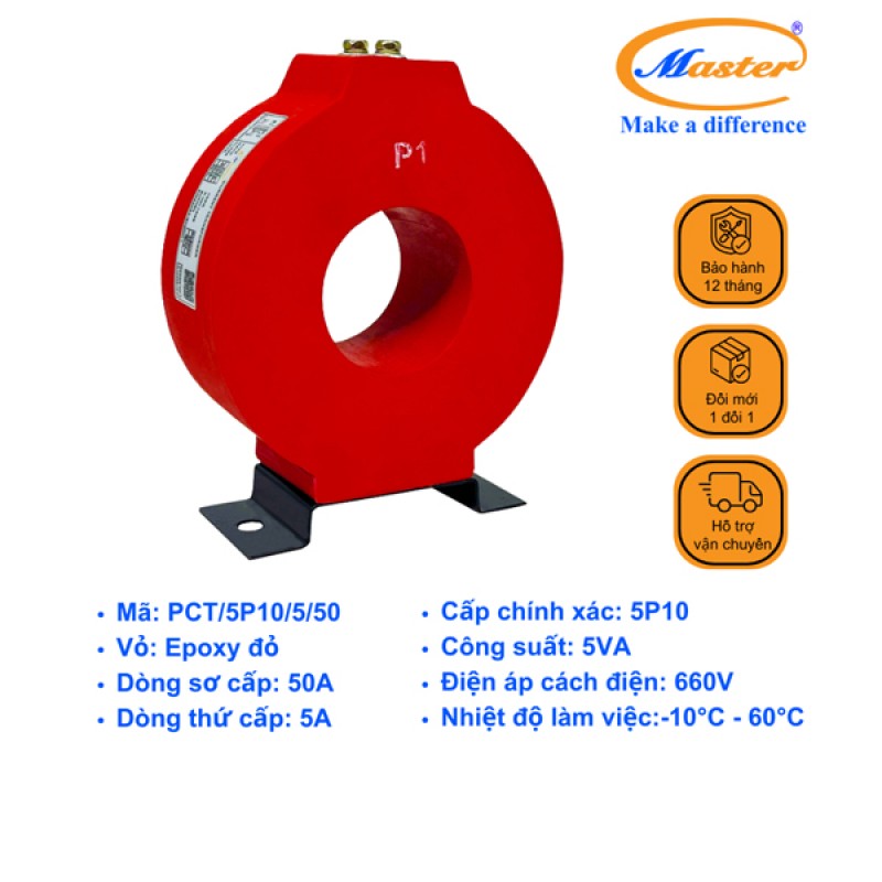 Biến Dòng Bảo Vệ PCT 50/5A 5P10 5VA Master - Đúc Epoxy Tròn Đỏ