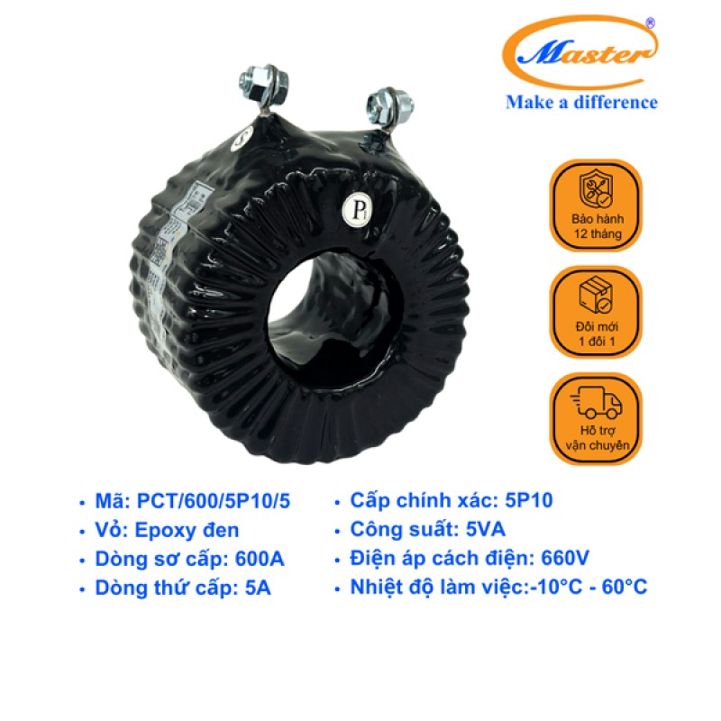 Biến Dòng Bảo Vệ PCT 600/5A 5P10 5VA Master - Đúc Epoxy Tròn Đen