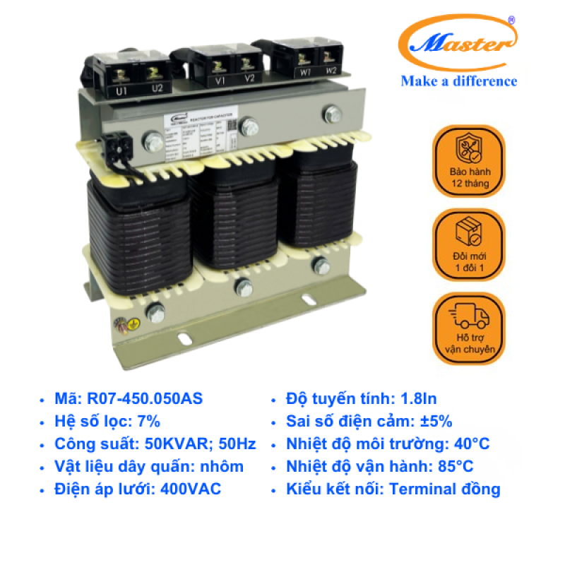 Cuộn Kháng 7% Cho Tụ Bù 3P 50KVAR 450VAC Master